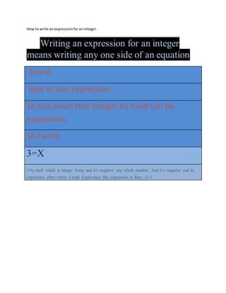 How to write anexpressionforaninteger.
Writing an expression for an integer
means writing any one side of an equation.
3+5=8
Split in two expression.
So this mean that integer by itself can be
expression.
So I write
3=X
3 by itself which is integer being and it’s negative any whole number. And it’s negative and its
expression other where I write Expression this expression is false -2=1
 
