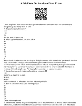 A Brief Note On Rural And Semi Urban
Urban people are more conscious about guaranteed return, semi urban have less confidence on
transparency and money back in time.
3. Do you have any Insurance?
150
100
50
0 urban semi urban no yes
4. Which type of insurance you have taken
45
40
35
30
25
20
15
10
5
0 semi urban urban semi urban private your occupation urban semi urban urban government business
term life insurance saving or investment retired plan child insurance income insurance
Whether urban or semi urban, normal term insurance is taken in majority by both government and
private employees. Government employees are more interested in Investment and Retired plan in
compare of Private employees. Private employees are keen to income insurance.
5. Name of company of which you have taken insurance 24
100
90 80 70 60 50 40 30 20 10 0
Series1
Series2
This is combined of both urban and semi urban respondents.
6. How do you know about your current policy?
45
40
35
30
25
20
15
10 5 0 urban semi urban
In urban market Internet plays most important role to make awareness of product otherwise in semi
urban areas, word of mouth and references of relative and friends is most salient. Even it has been
 