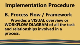 B. Process Flow / Framework
Provides a VISUAL overview or
WORKFLOW DIAGRAM of all the task
and relationships involved in a
process.
Implementation Procedure
 