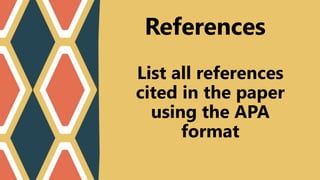 List all references
cited in the paper
using the APA
format
References
 