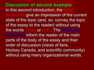 Discussion of second exampleDiscussion of second example
In this second introduction, theIn this second introduction, the topic-topic-
sentencessentences give an impression of the currentgive an impression of the current
state of the topic (and, so, convey the topicstate of the topic (and, so, convey the topic
of the essay to the reader) without usingof the essay to the reader) without using
the wordsthe words essayessay oror topictopic. The. The structure-structure-
sentencessentences inform the reader of the maininform the reader of the main
parts of the body of the essay and theirparts of the body of the essay and their
order of discussion (views of fans,order of discussion (views of fans,
Hockey Canada, and scientific community)Hockey Canada, and scientific community)
without using many organizational words.without using many organizational words.
 