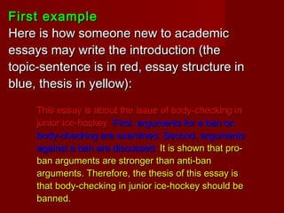 First exampleFirst example
Here is how someone new to academicHere is how someone new to academic
essays may write the introduction (theessays may write the introduction (the
topic-sentence is in red, essay structure intopic-sentence is in red, essay structure in
blue, thesis in yellow):blue, thesis in yellow):
This essay is about the issue of body-checking inThis essay is about the issue of body-checking in
junior ice-hockey.junior ice-hockey. First, arguments for a ban onFirst, arguments for a ban on
body-checking are examined. Second, argumentsbody-checking are examined. Second, arguments
against a ban are discussed.against a ban are discussed. It is shown that pro-It is shown that pro-
ban arguments are stronger than anti-banban arguments are stronger than anti-ban
arguments. Therefore, the thesis of this essay isarguments. Therefore, the thesis of this essay is
that body-checking in junior ice-hockey should bethat body-checking in junior ice-hockey should be
banned.banned.
 