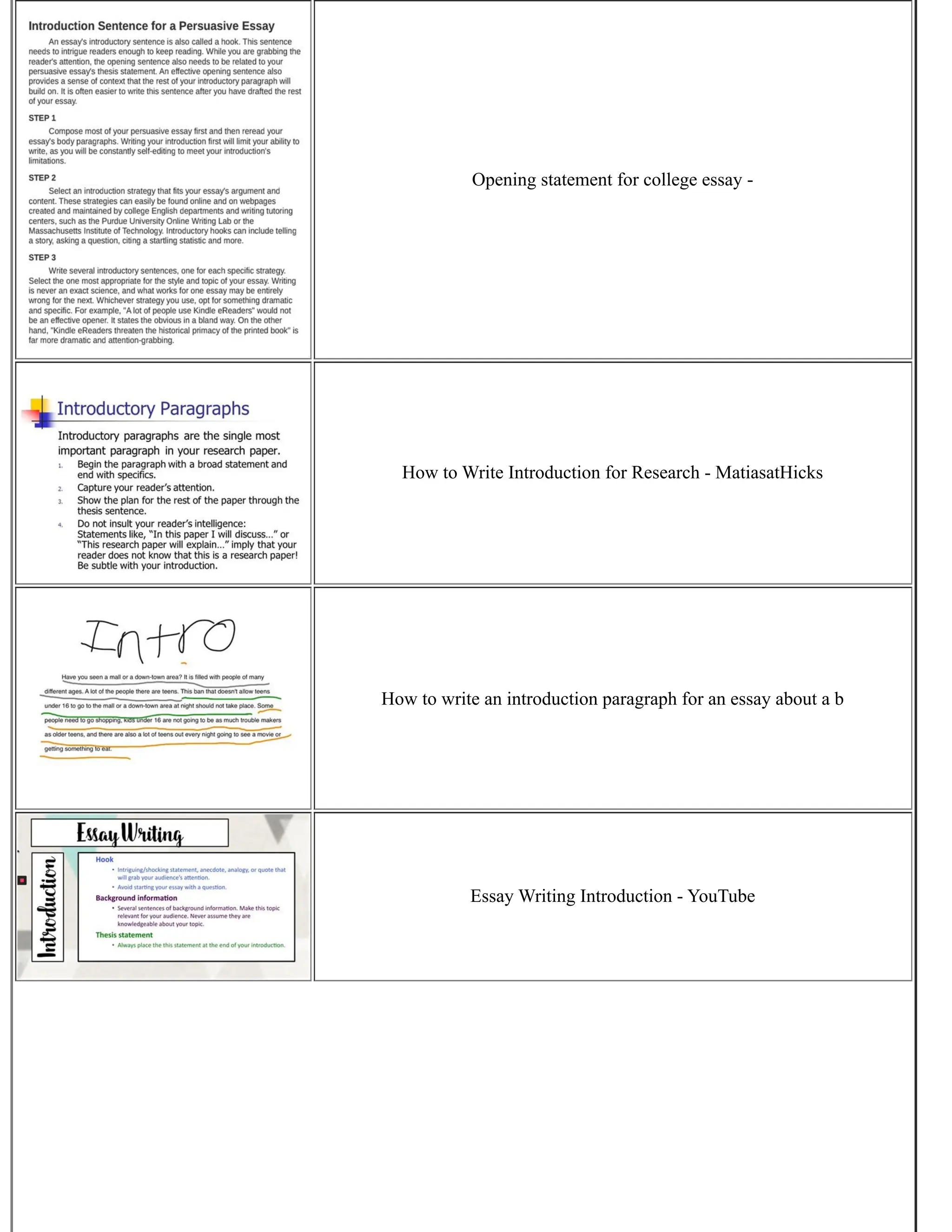 Opening statement for college essay -
How to Write Introduction for Research - MatiasatHicks
How to write an introduction paragraph for an essay about a b
Essay Writing Introduction - YouTube
 