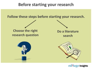 Before starting your research
Follow these steps before starting your research.
Choose the right
research question
Do a literature
search
 