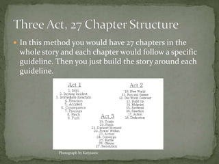  In this method you would have 27 chapters in the
whole story and each chapter would follow a specific
guideline. Then you just build the story around each
guideline.
Photograph by Katytastic
 