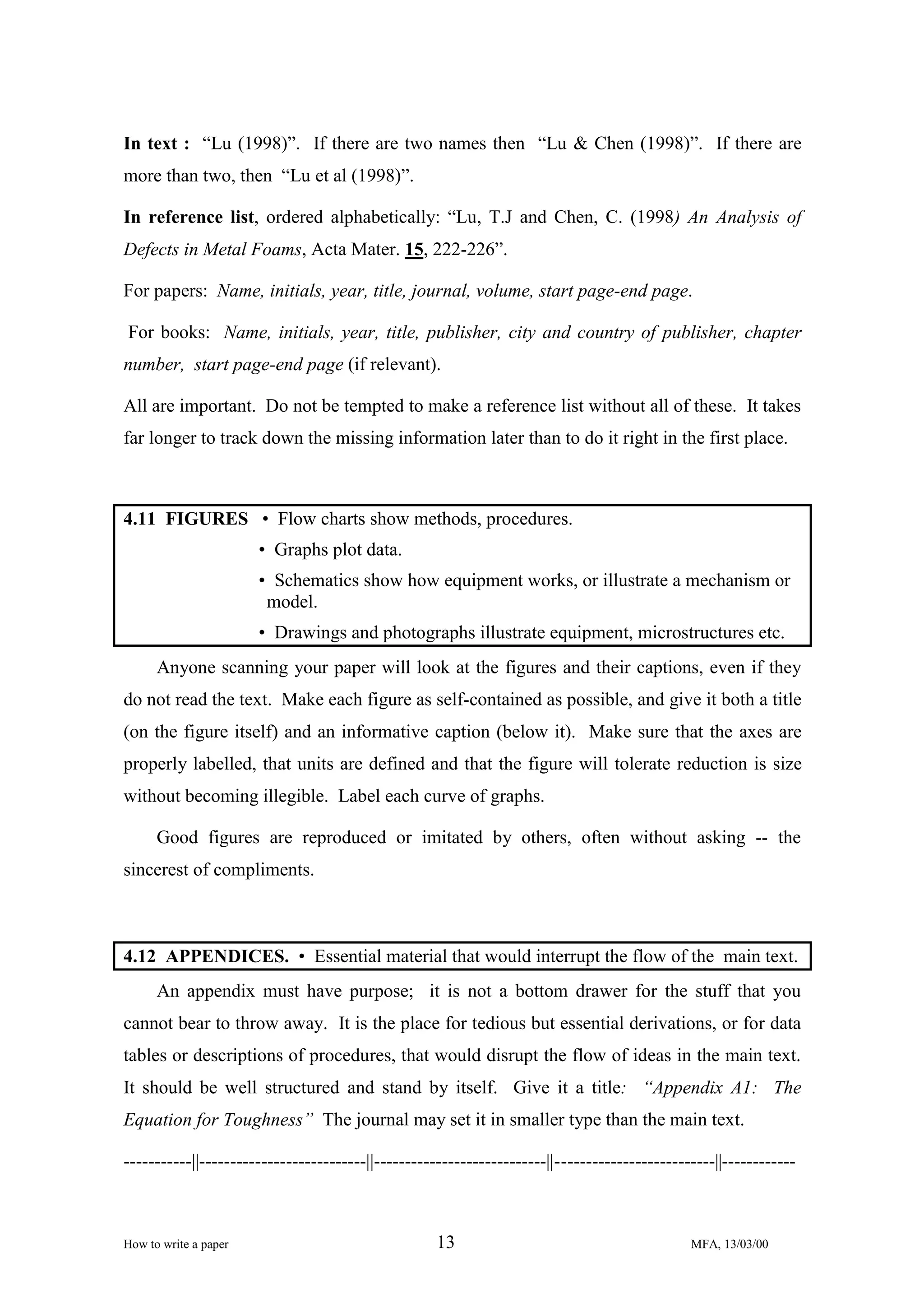 In text : “Lu (1998)”. If there are two names then “Lu & Chen (1998)”. If there are
more than two, then “Lu et al (1998)”.
In reference list, ordered alphabetically: “Lu, T.J and Chen, C. (1998) An Analysis of
Defects in Metal Foams, Acta Mater. 15, 222-226”.
For papers: Name, initials, year, title, journal, volume, start page-end page.
For books: Name, initials, year, title, publisher, city and country of publisher, chapter
number, start page-end page (if relevant).
All are important. Do not be tempted to make a reference list without all of these. It takes
far longer to track down the missing information later than to do it right in the first place.

4.11 FIGURES • Flow charts show methods, procedures.
• Graphs plot data.
• Schematics show how equipment works, or illustrate a mechanism or
model.
• Drawings and photographs illustrate equipment, microstructures etc.
Anyone scanning your paper will look at the figures and their captions, even if they
do not read the text. Make each figure as self-contained as possible, and give it both a title
(on the figure itself) and an informative caption (below it). Make sure that the axes are
properly labelled, that units are defined and that the figure will tolerate reduction is size
without becoming illegible. Label each curve of graphs.
Good figures are reproduced or imitated by others, often without asking -- the
sincerest of compliments.

4.12 APPENDICES. • Essential material that would interrupt the flow of the main text.
An appendix must have purpose; it is not a bottom drawer for the stuff that you
cannot bear to throw away. It is the place for tedious but essential derivations, or for data
tables or descriptions of procedures, that would disrupt the flow of ideas in the main text.
It should be well structured and stand by itself. Give it a title: “Appendix A1: The
Equation for Toughness” The journal may set it in smaller type than the main text.
-----------||---------------------------||----------------------------||--------------------------||------------

How to write a paper

13

MFA, 13/03/00

 