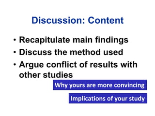 Discussion: Content
• Recapitulate main findings
• Discuss the method used
• Argue conflict of results with
other studies
Why yours are more convincing
Implications of your study
 