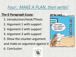 Four: MAKE A PLAN, then write!
The 6 Paragraph Essay:
1. Introduction/Hook/Thesis
2. Argument 1 with support
3. Argument 2 with support
4. Argument 3 with support
5. Show the counter-argument
and make an argument against it
6. Conclusion
 