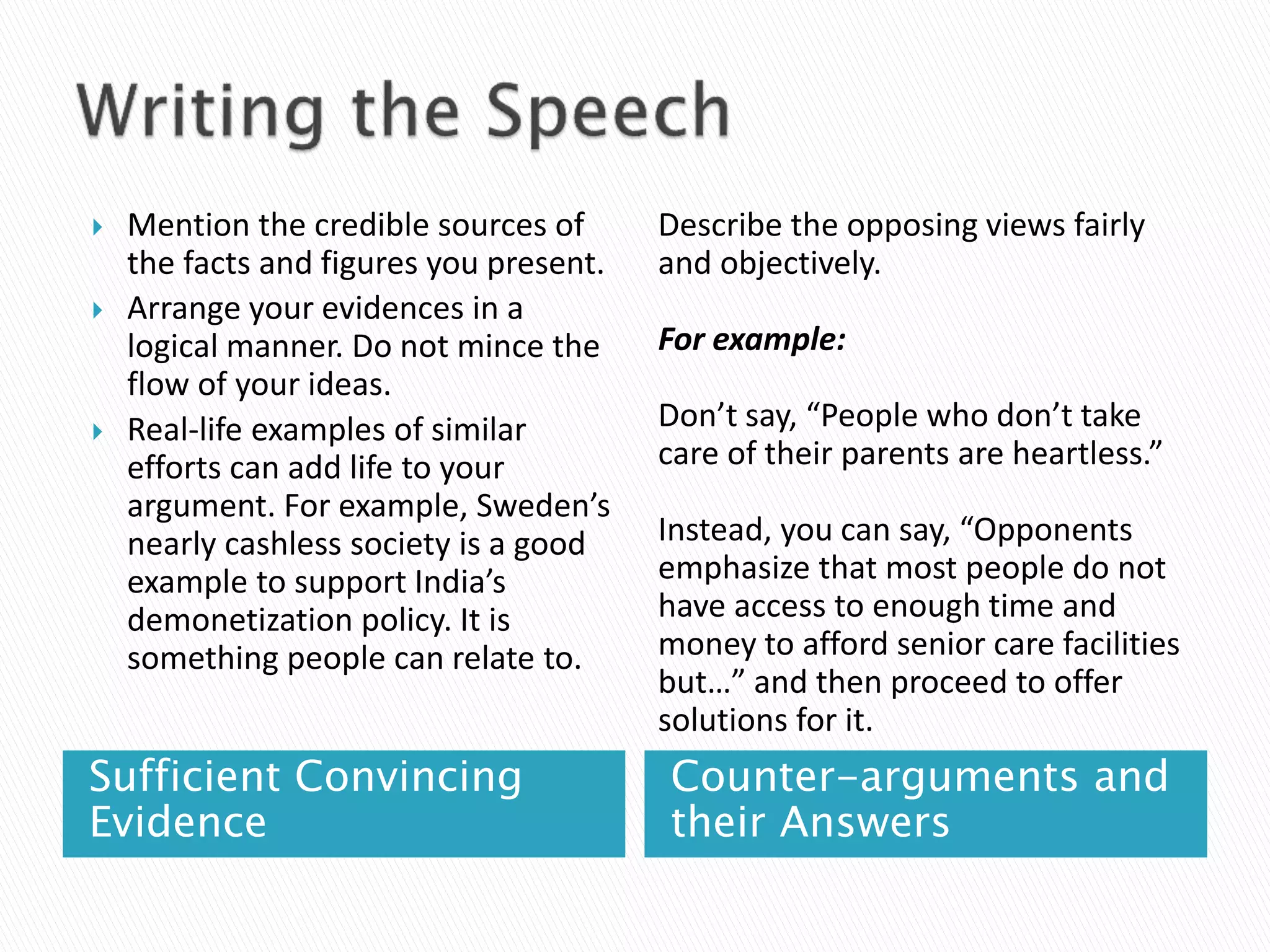Sufficient Convincing
Evidence
Counter-arguments and
their Answers
 Mention the credible sources of
the facts and figures you present.
 Arrange your evidences in a
logical manner. Do not mince the
flow of your ideas.
 Real-life examples of similar
efforts can add life to your
argument. For example, Sweden’s
nearly cashless society is a good
example to support India’s
demonetization policy. It is
something people can relate to.
Describe the opposing views fairly
and objectively.
For example:
Don’t say, “People who don’t take
care of their parents are heartless.”
Instead, you can say, “Opponents
emphasize that most people do not
have access to enough time and
money to afford senior care facilities
but…” and then proceed to offer
solutions for it.
 