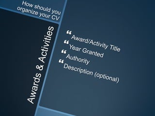 Awards & Activities<br />Award/Activity Title<br />Year Granted<br />Authority<br />Description (optional)<br />How should...