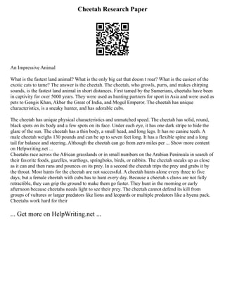 Cheetah Research Paper
An Impressive Animal
What is the fastest land animal? What is the only big cat that doesn t roar? What is the easiest of the
exotic cats to tame? The answer is the cheetah. The cheetah, who growls, purrs, and makes chirping
sounds, is the fastest land animal in short distances. First tamed by the Sumerians, cheetahs have been
in captivity for over 5000 years. They were used as hunting partners for sport in Asia and were used as
pets to Gengis Khan, Akbar the Great of India, and Mogul Emperor. The cheetah has unique
characteristics, is a sneaky hunter, and has adorable cubs.
The cheetah has unique physical characteristics and unmatched speed. The cheetah has solid, round,
black spots on its body and a few spots on its face. Under each eye, it has one dark stripe to hide the
glare of the sun. The cheetah has a thin body, a small head, and long legs. It has no canine teeth. A
male cheetah weighs 130 pounds and can be up to seven feet long. It has a flexible spine and a long
tail for balance and steering. Although the cheetah can go from zero miles per ... Show more content
on Helpwriting.net ...
Cheetahs race across the African grasslands or in small numbers on the Arabian Peninsula in search of
their favorite foods, gazelles, warthogs, springboks, birds, or rabbits. The cheetah sneaks up as close
as it can and then runs and pounces on its prey. In a second the cheetah trips the prey and grabs it by
the throat. Most hunts for the cheetah are not successful. A cheetah hunts alone every three to five
days, but a female cheetah with cubs has to hunt every day. Because a cheetah s claws are not fully
retractible, they can grip the ground to make them go faster. They hunt in the morning or early
afternoon because cheetahs needs light to see their prey. The cheetah cannot defend its kill from
groups of vultures or larger predators like lions and leopards or multiple predators like a hyena pack.
Cheetahs work hard for their
... Get more on HelpWriting.net ...
 