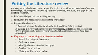 Writing the Literature review
A survey of scholarly sources on a specific topic. It provides an overview of current
knowledge, allowing you to identify relevant theories, methods, and gaps in the
existing research.
o It is essential part of the writing journey
o It situates the research within existing knowledge
o It gives the chance to:
1. Demonstrate your familiarity with the topic and its scholarly context
2. Develop a theoretical framework and methodology suitable for the research gap
Offers glimpse on the existing research and what relationships/areas have been
researched
■ Key steps to the writing of a literature review:
– Search for relevant literature
– Evaluate sources
– Identify themes, debates, and gaps
– Outline the structure
– Write your literature review
10
 