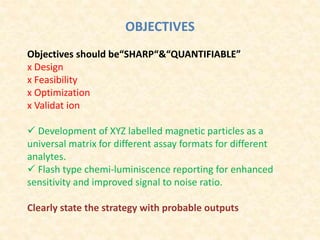 OBJECTIVES
Objectives should be“SHARP“&“QUANTIFIABLE”
x Design
x Feasibility
x Optimization
x Validat ion
 Development of XYZ labelled magnetic particles as a
universal matrix for different assay formats for different
analytes.
 Flash type chemi-luminiscence reporting for enhanced
sensitivity and improved signal to noise ratio.
Clearly state the strategy with probable outputs
 