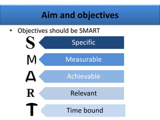 Aim and objectives
• Objectives should be SMART
Specific
Measurable
Achievable
Relevant
Time bound
 