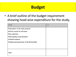 Budget
• A brief outline of the budget requirement
showing head wise expenditure for the study.
 