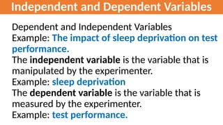 Independent and Dependent Variables
Dependent and Independent Variables
Example: The impact of sleep deprivation on test
performance.
The independent variable is the variable that is
manipulated by the experimenter.
Example: sleep deprivation
The dependent variable is the variable that is
measured by the experimenter.
Example: test performance.
 