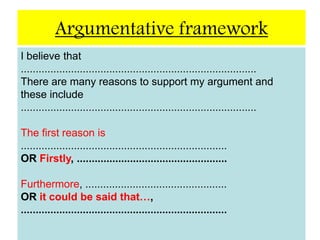 How do you write a balanced argument?Points ‘for’ – Paragraph 2Start this section with ‘Firstly’ or ‘The first reason is’. Write about your first point in favour of the argument but do not put your own point of view yet.Points ‘for’ – Paragraph 3Begin your next point with ‘Furthermore’ or ‘Indeed, it could be said that…’ but still do not give your own opinion.Points ‘for’ – Paragraph 4Use ‘Perhaps’ or ‘In addition’ to begin your final point in favour of the argument. Try to give evidence to support the point if you can.