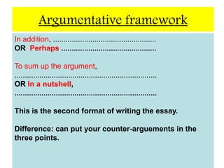 How do you write a balanced argument?Points ‘Against’ – Paragraph 5Begin with ‘However’ and put your first point against the argument without giving your own view.Points ‘Against’ – Paragraph 6Continue to put your points ‘against’, introducing them with formal words such as ‘Despite’, ‘On the other hand’ or ‘In contrast’. Points ‘Against’ – Paragraph 7Use ‘Finally’ to begin your last point. Still do not give your opinion.