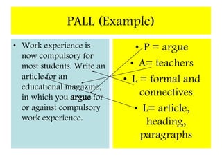 ARGUMENTS FOR AND AGAINST WORK EXPERIENCE Sequence the arguments into a clear structure that builds up a powerful overall view. Think about the arguments that you do or don’t want to use and what order the points should be in to achieve the biggest impact on the reader.