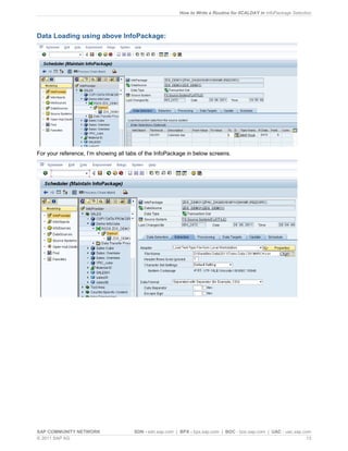How to Write a Routine for 0CALDAY in InfoPackage Selection
SAP COMMUNITY NETWORK SDN - sdn.sap.com | BPX - bpx.sap.com | BOC - boc.sap.com | UAC - uac.sap.com
© 2011 SAP AG 13
Data Loading using above InfoPackage:
For your reference, I’m showing all tabs of the InfoPackage in below screens.
 