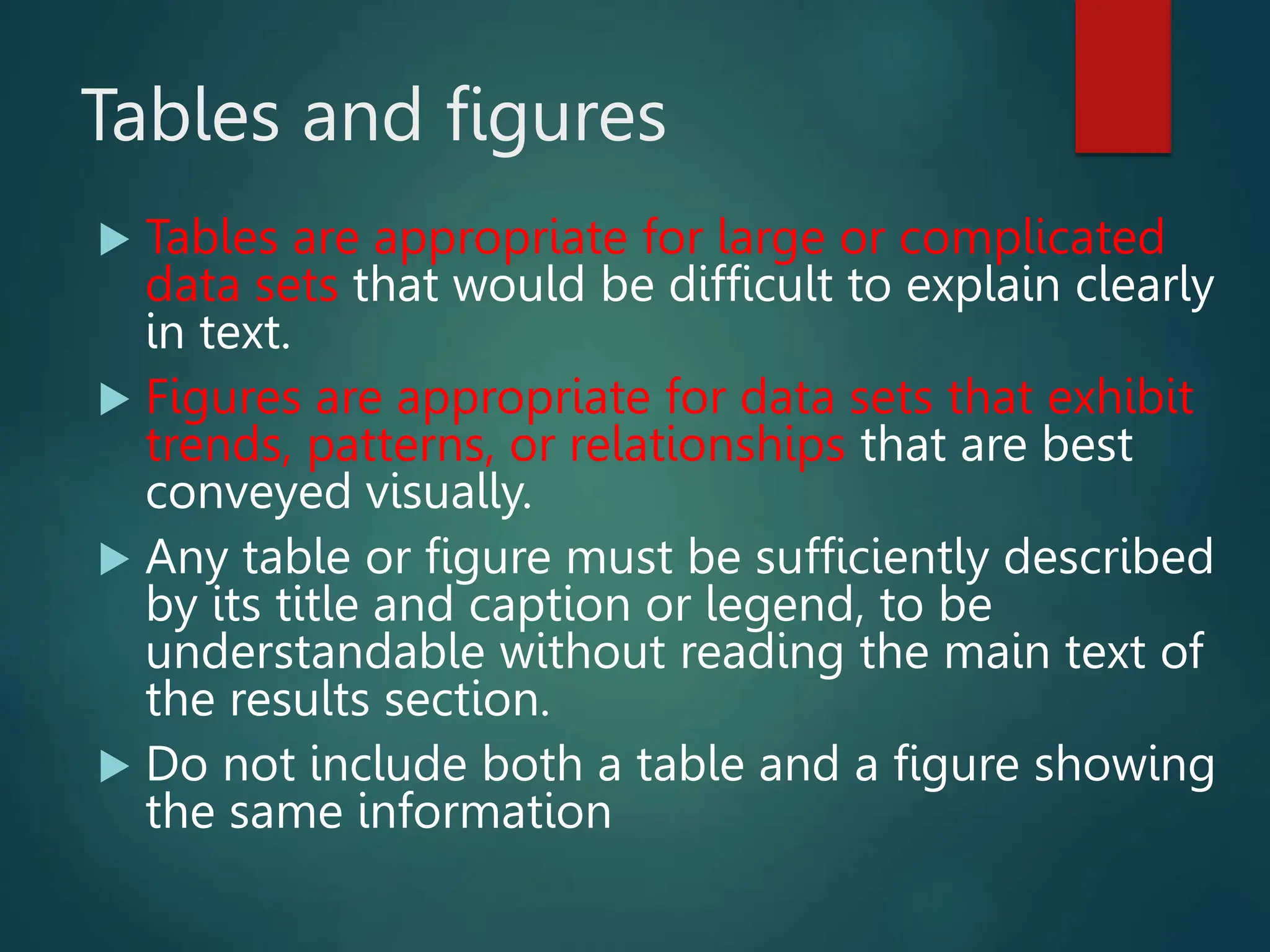 Tables and figures
 Tables are appropriate for large or complicated
data sets that would be difficult to explain clearly
in text.
 Figures are appropriate for data sets that exhibit
trends, patterns, or relationships that are best
conveyed visually.
 Any table or figure must be sufficiently described
by its title and caption or legend, to be
understandable without reading the main text of
the results section.
 Do not include both a table and a figure showing
the same information
 