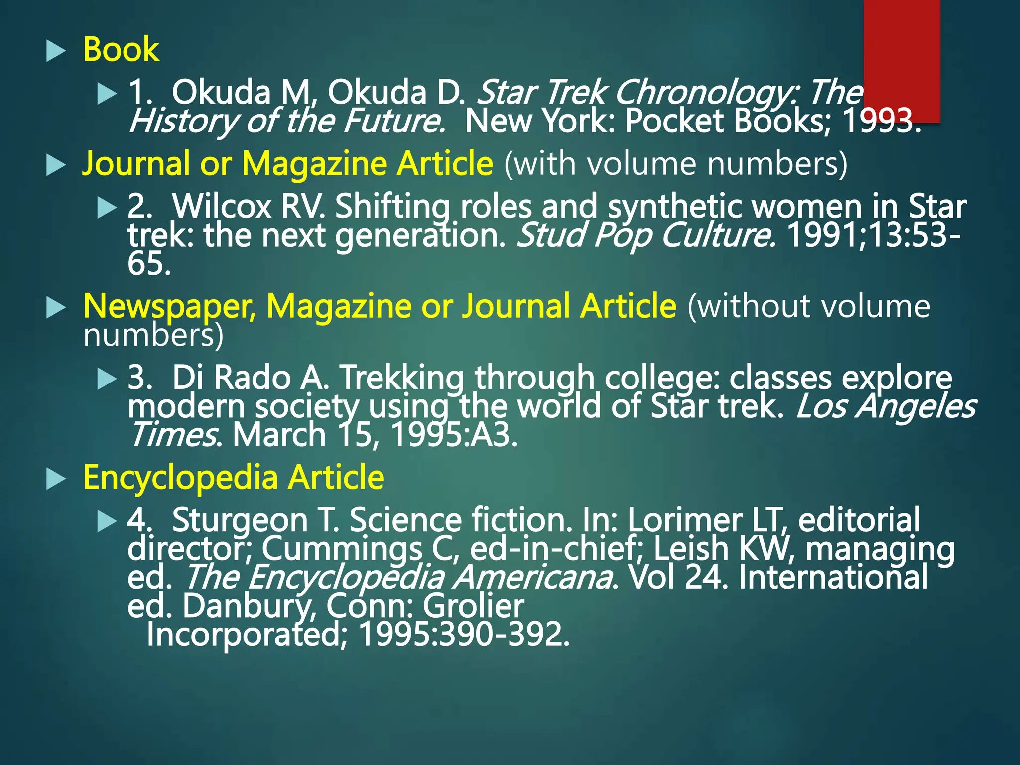  Book
 1. Okuda M, Okuda D. Star Trek Chronology: The
History of the Future. New York: Pocket Books; 1993.
 Journal or Magazine Article (with volume numbers)
 2. Wilcox RV. Shifting roles and synthetic women in Star
trek: the next generation. Stud Pop Culture. 1991;13:53-
65.
 Newspaper, Magazine or Journal Article (without volume
numbers)
 3. Di Rado A. Trekking through college: classes explore
modern society using the world of Star trek. Los Angeles
Times. March 15, 1995:A3.
 Encyclopedia Article
 4. Sturgeon T. Science fiction. In: Lorimer LT, editorial
director; Cummings C, ed-in-chief; Leish KW, managing
ed. The Encyclopedia Americana. Vol 24. International
ed. Danbury, Conn: Grolier
Incorporated; 1995:390-392.
 