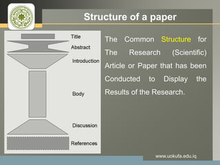 LOGO Structure of a paper
www.uokufa.edu.iq
The Common Structure for
The Research (Scientific)
Article or Paper that has been
Conducted to Display the
Results of the Research.
 