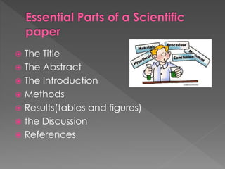 The Title 
 The Abstract 
 The Introduction 
 Methods 
 Results(tables and figures) 
 the Discussion 
 References 
 