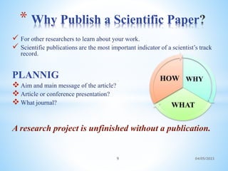  For other researchers to learn about your work.
 Scientific publications are the most important indicator of a scientist’s track
record.
PLANNIG
Aim and main message of the article?
Article or conference presentation?
What journal?
A research project is unfinished without a publication.
04/05/2023
9
* Why Publish a Scientific Paper
 