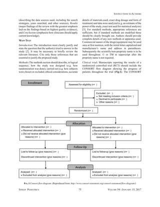 INDIAN PEDIATRICS 75 VOLUME 54__JANUARY 15, 2017
INSTRUCTIONS TO AUTHORS
(describing the data sources used, including the search
strategies, years searched, and other sources), Results
(major findings of the review with the greatest emphasis
laid on the findings based on highest quality evidence),
and Conclusions (emphasize how clinicians should apply
current knowledge).
MAIN TEXT
Introduction: The introduction must clearly justify and
state the question that the author(s) tried to answer in the
study [2]. It may be necessary to briefly review the
relevant literature. Cite only those references that are
essential to justify the proposed study.
Methods: The methods section should describe, in logical
sequence, how the study was designed (e.g. how
randomization was done), carried out (e.g. how subjects
were chosen or excluded, ethical considerations, accurate
details of materials used, exact drug dosage and form of
treatment) and data were analyzed (e.g. an estimate of the
power of the study, exact test used for statistical analysis)
[3]. For standard methods, appropriate references are
sufficient, but if standard methods are modified these
should be clearly brought out. Authors should provide
complete details of any new methods or apparatus used.
Commercial names of the drugs/equipment may be used
once at first mention, with the initial letter capitalized and
manufacturer’s name and address in parentheses.
Subsequently the scientific/non-propriety name is to be
used throughout. © or TM in superscript after the
propriety name is not required.
Clinical trial: Manuscripts reporting the results of a
randomized controlled trial (RCT) should include the
CONSORT flow diagram showing the progress of
patients throughout the trial (Fig.1). The CONSORT
FIG. 1 Consort flow diagram. (Reproduced from: http://www.consort-statement.org/consort-statement/flow-diagram/)
 