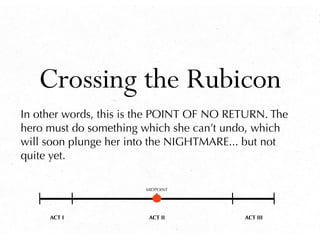 Crossing the Rubicon
In other words, this is the POINT OF NO RETURN. The
hero must do something which she can’t undo, which
will soon plunge her into the NIGHTMARE... but not
quite yet.
ACT I ACT II ACT III
MIDPOINT
 