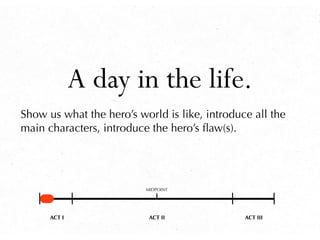A day in the life.
Show us what the hero’s world is like, introduce all the
main characters, introduce the hero’s ﬂaw(s).
...