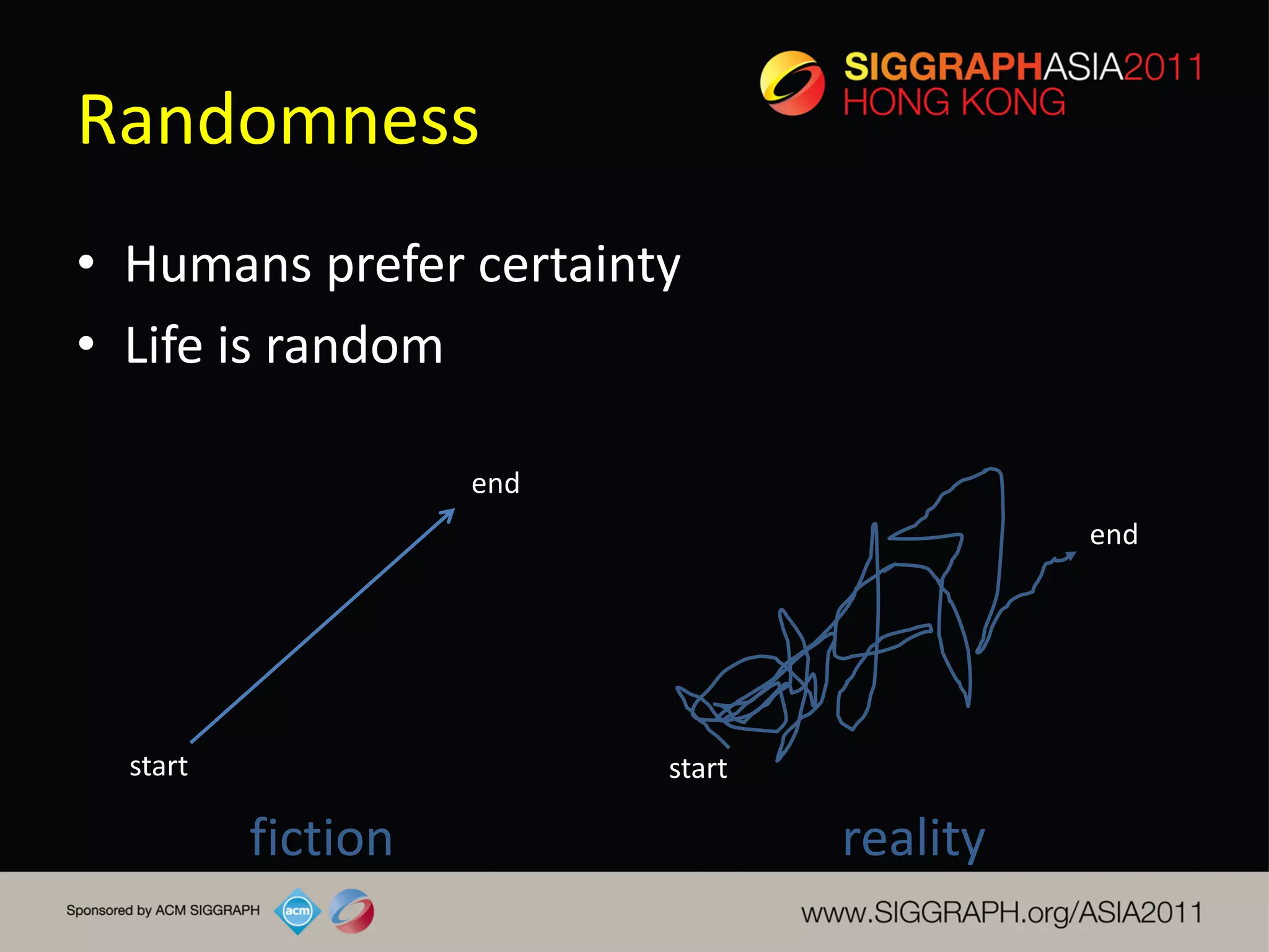 Randomness
• Humans prefer certainty
• Life is random

                    end
                                            end




  start                   start

          fiction                 reality
 