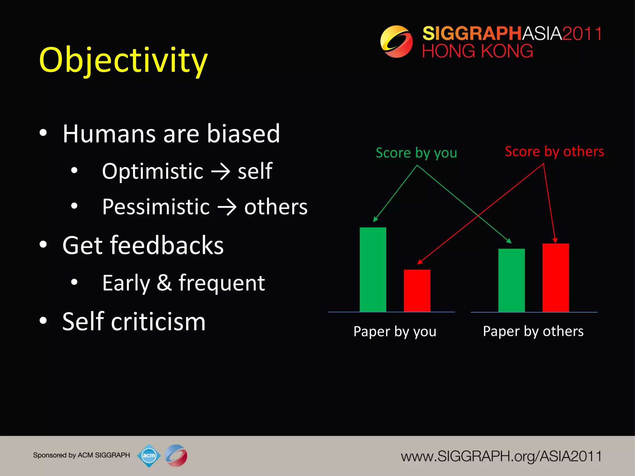 Objectivity
• Humans are biased                              Score by others
                               Score by you
   • Optimistic → self
   • Pessimistic → others
• Get feedbacks
   • Early & frequent
• Self criticism            Paper by you      Paper by others
 