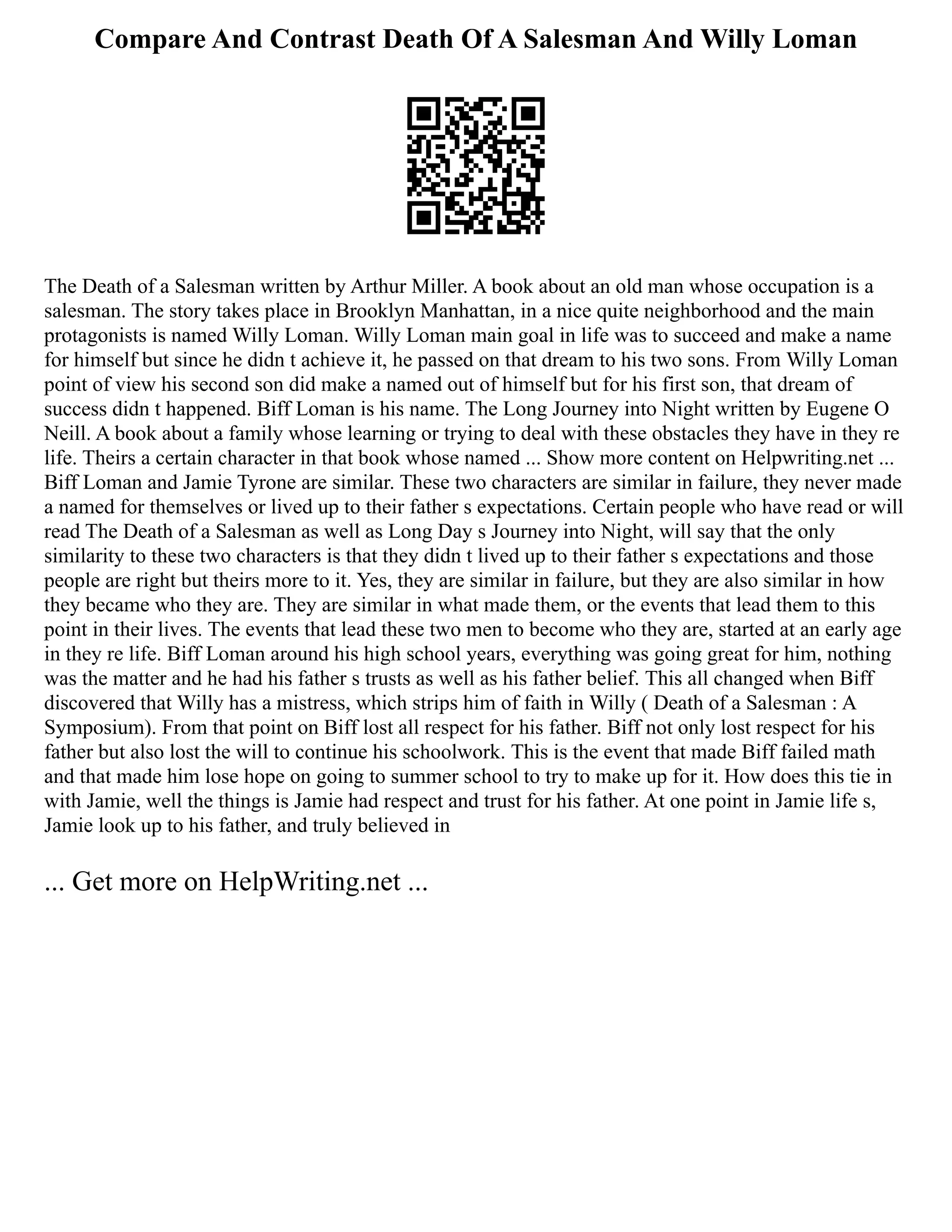 Compare And Contrast Death Of A Salesman And Willy Loman
The Death of a Salesman written by Arthur Miller. A book about an old man whose occupation is a
salesman. The story takes place in Brooklyn Manhattan, in a nice quite neighborhood and the main
protagonists is named Willy Loman. Willy Loman main goal in life was to succeed and make a name
for himself but since he didn t achieve it, he passed on that dream to his two sons. From Willy Loman
point of view his second son did make a named out of himself but for his first son, that dream of
success didn t happened. Biff Loman is his name. The Long Journey into Night written by Eugene O
Neill. A book about a family whose learning or trying to deal with these obstacles they have in they re
life. Theirs a certain character in that book whose named ... Show more content on Helpwriting.net ...
Biff Loman and Jamie Tyrone are similar. These two characters are similar in failure, they never made
a named for themselves or lived up to their father s expectations. Certain people who have read or will
read The Death of a Salesman as well as Long Day s Journey into Night, will say that the only
similarity to these two characters is that they didn t lived up to their father s expectations and those
people are right but theirs more to it. Yes, they are similar in failure, but they are also similar in how
they became who they are. They are similar in what made them, or the events that lead them to this
point in their lives. The events that lead these two men to become who they are, started at an early age
in they re life. Biff Loman around his high school years, everything was going great for him, nothing
was the matter and he had his father s trusts as well as his father belief. This all changed when Biff
discovered that Willy has a mistress, which strips him of faith in Willy ( Death of a Salesman : A
Symposium). From that point on Biff lost all respect for his father. Biff not only lost respect for his
father but also lost the will to continue his schoolwork. This is the event that made Biff failed math
and that made him lose hope on going to summer school to try to make up for it. How does this tie in
with Jamie, well the things is Jamie had respect and trust for his father. At one point in Jamie life s,
Jamie look up to his father, and truly believed in
... Get more on HelpWriting.net ...
 