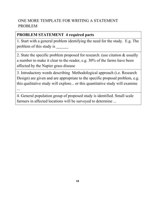 ONE MORE TEMPLATE FOR WRITING A STATEMENT
PROBLEM
PROBLEM STATEMENT 4 required parts
1. Start with a general problem identifying the need for the study. E.g. The
problem of this study is ______
2. State the specific problem proposed for research. (use citation & usually
a number to make it clear to the reader, e.g. 30% of the farms have been
affected by the Napier grass disease
3. Introductory words describing Methodological approach (i.e. Research
Design) are given and are appropriate to the specific proposal problem, e.g.
this qualitative study will explore... or this quantitative study will examine
...
4. General population group of proposed study is identified. Small scale
farmers in affected locations will be surveyed to determine ...

13

 