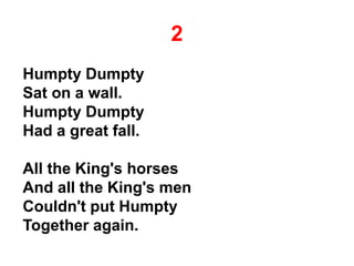 2
Humpty Dumpty
Sat on a wall.
Humpty Dumpty
Had a great fall.
All the King's horses
And all the King's men
Couldn't put Humpty
Together again.
 