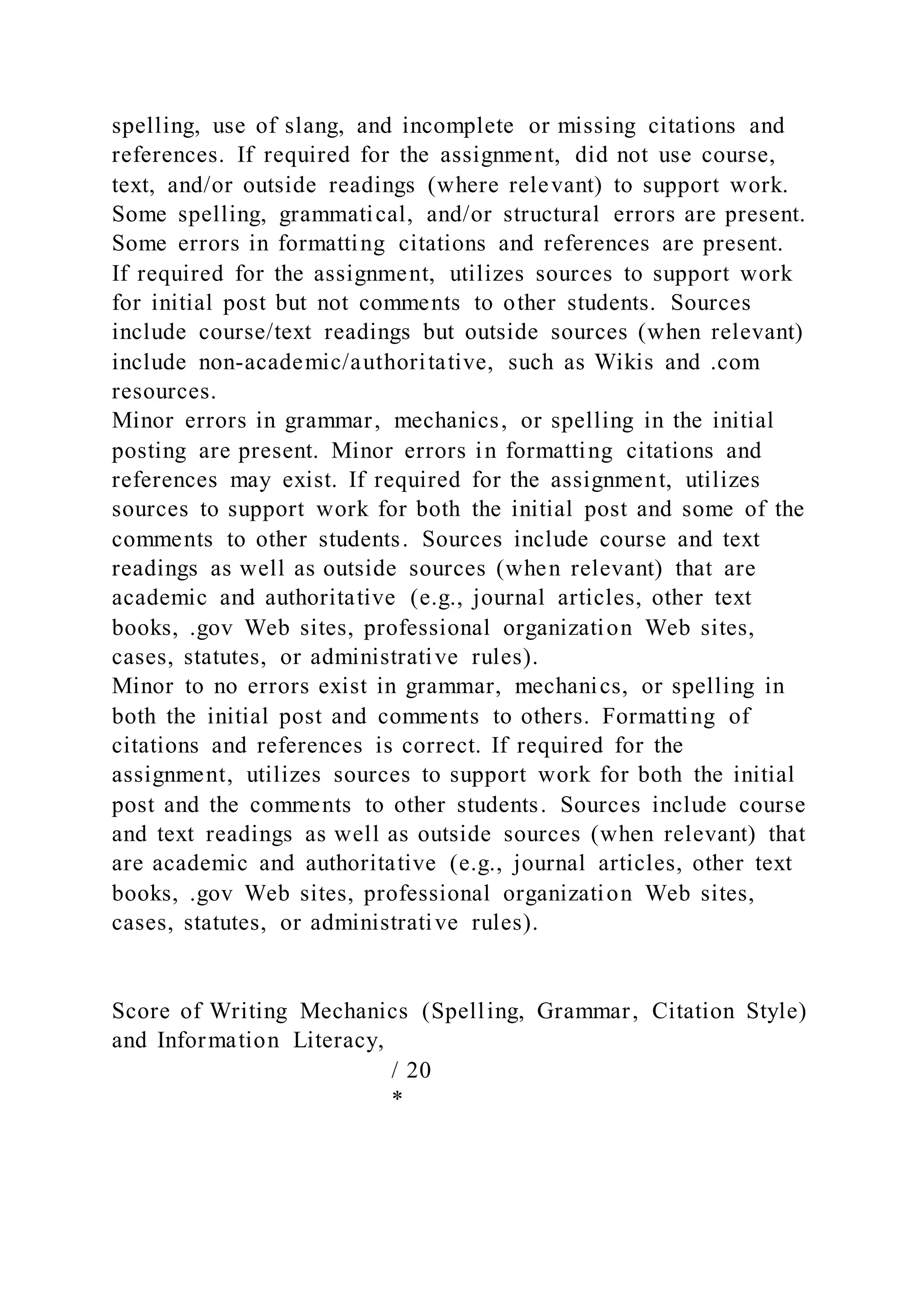 spelling, use of slang, and incomplete or missing citations and
references. If required for the assignment, did not use course,
text, and/or outside readings (where relevant) to support work.
Some spelling, grammatical, and/or structural errors are present.
Some errors in formatting citations and references are present.
If required for the assignment, utilizes sources to support work
for initial post but not comments to other students. Sources
include course/text readings but outside sources (when relevant)
include non-academic/authoritative, such as Wikis and .com
resources.
Minor errors in grammar, mechanics, or spelling in the initial
posting are present. Minor errors in formatting citations and
references may exist. If required for the assignment, utilizes
sources to support work for both the initial post and some of the
comments to other students. Sources include course and text
readings as well as outside sources (when relevant) that are
academic and authoritative (e.g., journal articles, other text
books, .gov Web sites, professional organization Web sites,
cases, statutes, or administrative rules).
Minor to no errors exist in grammar, mechanics, or spelling in
both the initial post and comments to others. Formatting of
citations and references is correct. If required for the
assignment, utilizes sources to support work for both the initial
post and the comments to other students. Sources include course
and text readings as well as outside sources (when relevant) that
are academic and authoritative (e.g., journal articles, other text
books, .gov Web sites, professional organization Web sites,
cases, statutes, or administrative rules).
Score of Writing Mechanics (Spelling, Grammar, Citation Style)
and Information Literacy,
/ 20
*
 