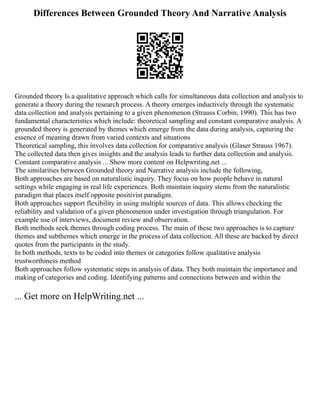 Differences Between Grounded Theory And Narrative Analysis
Grounded theory Is a qualitative approach which calls for simultaneous data collection and analysis to
generate a theory during the research process. A theory emerges inductively through the systematic
data collection and analysis pertaining to a given phenomenon (Strauss Corbin, 1990). This has two
fundamental characteristics which include: theoretical sampling and constant comparative analysis. A
grounded theory is generated by themes which emerge from the data during analysis, capturing the
essence of meaning drawn from varied contexts and situations
Theoretical sampling, this involves data collection for comparative analysis (Glaser Strauss 1967).
The collected data then gives insights and the analysis leads to further data collection and analysis.
Constant comparative analysis ... Show more content on Helpwriting.net ...
The similarities between Grounded theory and Narrative analysis include the following,
Both approaches are based on naturalistic inquiry. They focus on how people behave in natural
settings while engaging in real life experiences. Both maintain inquiry stems from the naturalistic
paradigm that places itself opposite positivist paradigm.
Both approaches support flexibility in using multiple sources of data. This allows checking the
reliability and validation of a given phenomenon under investigation through triangulation. For
example use of interviews, document review and observation.
Both methods seek themes through coding process. The main of these two approaches is to capture
themes and subthemes which emerge in the process of data collection. All these are backed by direct
quotes from the participants in the study.
In both methods, texts to be coded into themes or categories follow qualitative analysis
trustworthiness method
Both approaches follow systematic steps in analysis of data. They both maintain the importance and
making of categories and coding. Identifying patterns and connections between and within the
... Get more on HelpWriting.net ...
 