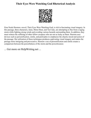 Their Eyes Were Watching God Rhetorical Analysis
Zora Neale Hurston s novel, Their Eyes Were Watching God, is rich in fascinating visual imagery. In
this passage, three characters, Janie, Motor Boat, and Tea Cake, are attempting to flee from a raging
storm while fighting strong winds and avoiding various hazards surrounding them. In addition, they
must witness the suffering of other fellow escapees who are not as lucky as them. Hurston uses
devices such as personification, simile, and participles to emphasize the chaotic mood and action of
the passage. Her utilization of these techniques produces captivating visual imagery and makes the
passage more intriguing and provocative. Hurston s use of personification and simile creates a
comparison between the powerfulness of the storm and the powerlessness
... Get more on HelpWriting.net ...
 