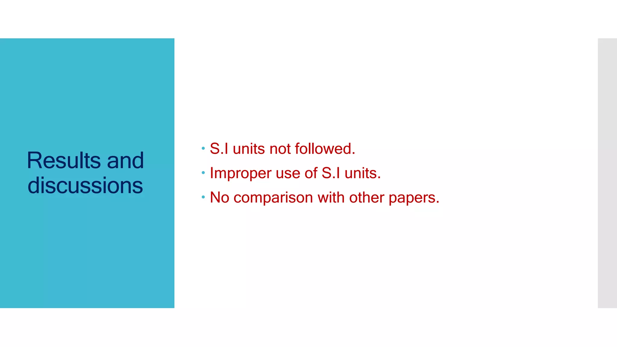 Results and
discussions
 S.I units not followed.
 Improper use of S.I units.
 No comparison with other papers.
 