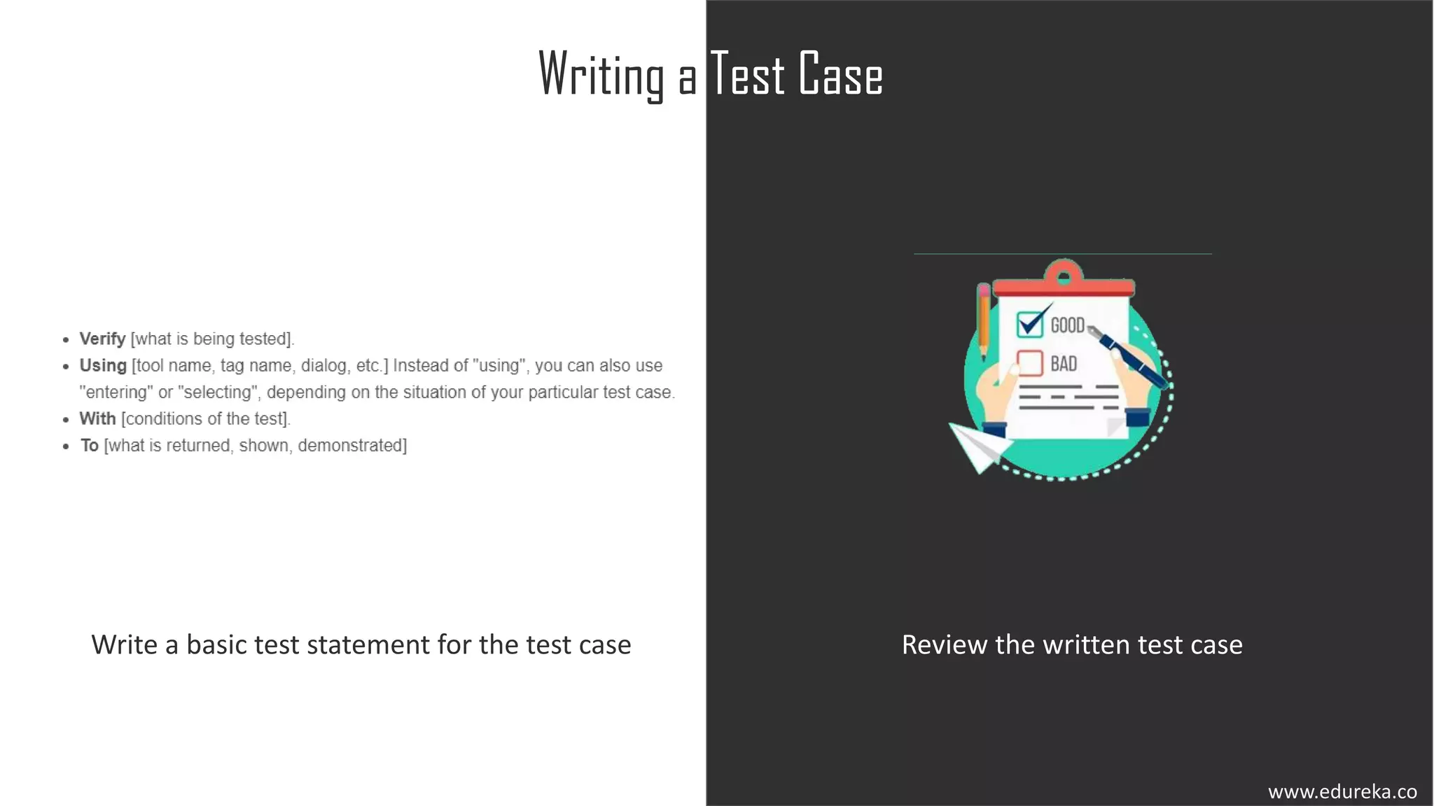 www.edureka.co
Writing a Test Case
Write a basic test statement for the test case Review the written test case
 