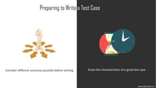 www.edureka.co
Preparing to Write a Test Case
Consider different scenarios possible before writing Know the characteristics of a good test case
 