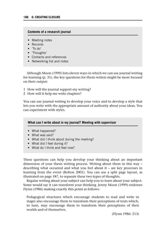 Although Moon (1999) lists eleven ways in which we can use journal writing
for learning (p. 31), the key questions for thesis writers might be more focused
on their output:
1 How will the journal support my writing?
2 How will it help me write chapters?
You can use journal writing to develop your voice and to develop a style that
lets you write with the appropriate amount of authority about your ideas. You
can experiment with styles.
These questions can help you develop your thinking about an important
dimension of your thesis writing process. Writing about them in this way –
describing what occurred and what you feel about it – are key processes in
learning from the event (Bolton 2001). You can use a split page layout, as
illustrated on page 187, to separate these two types of thoughts.
Regular writing about your subject can help you to learn about your subject.
Some would say it can transform your thinking. Jenny Moon (1999) endorses
Flynn (1986) making exactly this point as follows:
Pedagogical structures which encourage students to read and write in
stages also encourage them to transform their perceptions of texts which,
in turn, may encourage them to transform their perceptions of their
worlds and of themselves.
(Flynn 1986: 213)
Contents of a research journal
• Meeting notes
• Records
• ‘To do’
• ‘Thoughts’
• Contacts and references
• Networking list and notes
What can I write about in my journal? Meeting with supervisor
• What happened?
• What was said?
• What did I think about during the meeting?
• What did I feel during it?
• What do I think and feel now?
186 6: CREATING CLOSURE
 