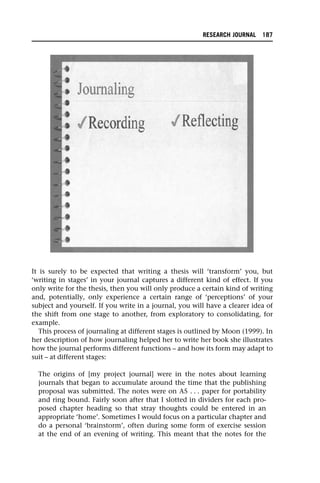 It is surely to be expected that writing a thesis will ‘transform’ you, but
‘writing in stages’ in your journal captures a different kind of effect. If you
only write for the thesis, then you will only produce a certain kind of writing
and, potentially, only experience a certain range of ‘perceptions’ of your
subject and yourself. If you write in a journal, you will have a clearer idea of
the shift from one stage to another, from exploratory to consolidating, for
example.
This process of journaling at different stages is outlined by Moon (1999). In
her description of how journaling helped her to write her book she illustrates
how the journal performs different functions – and how its form may adapt to
suit – at different stages:
The origins of [my project journal] were in the notes about learning
journals that began to accumulate around the time that the publishing
proposal was submitted. The notes were on A5 . . . paper for portability
and ring bound. Fairly soon after that I slotted in dividers for each pro-
posed chapter heading so that stray thoughts could be entered in an
appropriate ‘home’. Sometimes I would focus on a particular chapter and
do a personal ‘brainstorm’, often during some form of exercise session
at the end of an evening of writing. This meant that the notes for the
RESEARCH JOURNAL 187
 