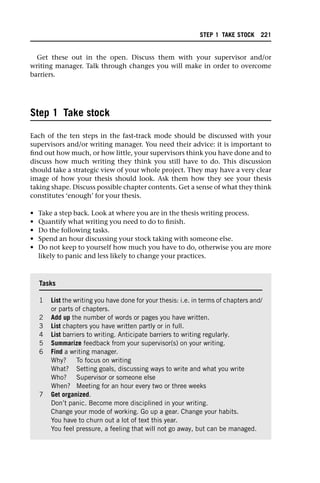 Get these out in the open. Discuss them with your supervisor and/or
writing manager. Talk through changes you will make in order to overcome
barriers.
Step 1 Take stock
Each of the ten steps in the fast-track mode should be discussed with your
supervisors and/or writing manager. You need their advice: it is important to
find out how much, or how little, your supervisors think you have done and to
discuss how much writing they think you still have to do. This discussion
should take a strategic view of your whole project. They may have a very clear
image of how your thesis should look. Ask them how they see your thesis
taking shape. Discuss possible chapter contents. Get a sense of what they think
constitutes ‘enough’ for your thesis.
• Take a step back. Look at where you are in the thesis writing process.
• Quantify what writing you need to do to finish.
• Do the following tasks.
• Spend an hour discussing your stock taking with someone else.
• Do not keep to yourself how much you have to do, otherwise you are more
likely to panic and less likely to change your practices.
Tasks
1 List the writing you have done for your thesis: i.e. in terms of chapters and/
or parts of chapters.
2 Add up the number of words or pages you have written.
3 List chapters you have written partly or in full.
4 List barriers to writing. Anticipate barriers to writing regularly.
5 Summarize feedback from your supervisor(s) on your writing.
6 Find a writing manager.
Why? To focus on writing
What? Setting goals, discussing ways to write and what you write
Who? Supervisor or someone else
When? Meeting for an hour every two or three weeks
7 Get organized.
Don’t panic. Become more disciplined in your writing.
Change your mode of working. Go up a gear. Change your habits.
You have to churn out a lot of text this year.
You feel pressure, a feeling that will not go away, but can be managed.
STEP 1 TAKE STOCK 221
 