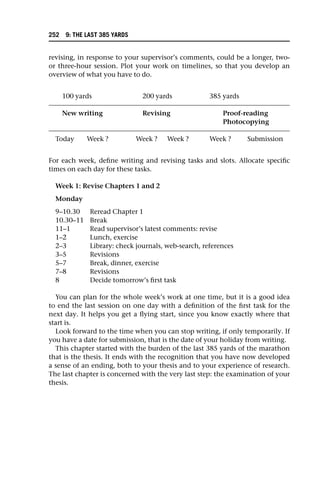 revising, in response to your supervisor’s comments, could be a longer, two-
or three-hour session. Plot your work on timelines, so that you develop an
overview of what you have to do.
For each week, define writing and revising tasks and slots. Allocate specific
times on each day for these tasks.
Week 1: Revise Chapters 1 and 2
Monday
9–10.30 Reread Chapter 1
10.30–11 Break
11–1 Read supervisor’s latest comments: revise
1–2 Lunch, exercise
2–3 Library: check journals, web-search, references
3–5 Revisions
5–7 Break, dinner, exercise
7–8 Revisions
8 Decide tomorrow’s first task
You can plan for the whole week’s work at one time, but it is a good idea
to end the last session on one day with a definition of the first task for the
next day. It helps you get a flying start, since you know exactly where that
start is.
Look forward to the time when you can stop writing, if only temporarily. If
you have a date for submission, that is the date of your holiday from writing.
This chapter started with the burden of the last 385 yards of the marathon
that is the thesis. It ends with the recognition that you have now developed
a sense of an ending, both to your thesis and to your experience of research.
The last chapter is concerned with the very last step: the examination of your
thesis.
100 yards 200 yards 385 yards
New writing Revising Proof-reading
Photocopying
Today Week ? Week ? Week ? Week ? Submission
252 9: THE LAST 385 YARDS
 