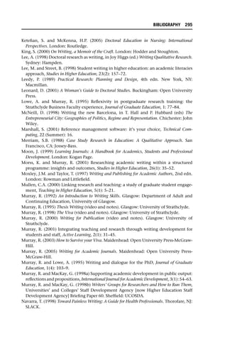 Ketefian, S. and McKenna, H.P. (2005) Doctoral Education in Nursing: International
Perspectives. London: Routledge.
King, S. (2000) On Writing, a Memoir of the Craft. London: Hodder and Stoughton.
Lee, A. (1998) Doctoral research as writing, in Joy Higgs (ed.) Writing Qualitative Research.
Sydney: Hampden.
Lee, M. and Street, B. (1998) Student writing in higher education: an academic literacies
approach, Studies in Higher Education, 23(2): 157–72.
Leedy, P. (1989) Practical Research: Planning and Design, 4th edn. New York, NY:
Macmillan.
Leonard, D. (2001) A Woman’s Guide to Doctoral Studies. Buckingham: Open University
Press.
Lowe, A. and Murray, R. (1995) Reflexivity in postgraduate research training: the
Strathclyde Business Faculty experience, Journal of Graduate Education, 1: 77–84.
McNeill, D. (1998) Writing the new Barcelona, in T. Hall and P. Hubbard (eds) The
Entrepreneurial City: Geographies of Politics, Regime and Representation. Chichester: John
Wiley.
Marshall, S. (2001) Reference management software: it’s your choice, Technical Com-
puting, 22 (Summer): 16.
Merriam, S.B. (1988) Case Study Research in Education: A Qualitative Approach. San
Francisco, CA: Jossey-Bass.
Moon, J. (1999) Learning Journals: A Handbook for Academics, Students and Professional
Development. London: Kogan Page.
Morss, K. and Murray, R. (2001) Researching academic writing within a structured
programme: insights and outcomes, Studies in Higher Education, 26(1): 35–52.
Moxley, J.M. and Taylor, T. (1997) Writing and Publishing for Academic Authors, 2nd edn.
London: Rowman and Littlefield.
Mullen, C.A. (2000) Linking research and teaching: a study of graduate student engage-
ment, Teaching in Higher Education, 5(1): 5–21.
Murray, R. (1992) An Introduction to Writing Skills. Glasgow: Department of Adult and
Continuing Education, University of Glasgow.
Murray, R. (1995) Thesis Writing (video and notes). Glasgow: University of Strathclyde.
Murray, R. (1998) The Viva (video and notes). Glasgow: University of Strathclyde.
Murray, R. (2000) Writing for Publication (video and notes). Glasgow: University of
Strathclyde.
Murray, R. (2001) Integrating teaching and research through writing development for
students and staff, Active Learning, 2(1): 31–45.
Murray, R. (2003) How to Survive your Viva. Maidenhead: Open University Press-McGraw-
Hill.
Murray, R. (2005) Writing for Academic Journals. Maidenhead: Open University Press-
McGraw-Hill.
Murray, R. and Lowe, A. (1995) Writing and dialogue for the PhD, Journal of Graduate
Education, 1(4): 103–9.
Murray, R. and MacKay, G. (1998a) Supporting academic development in public output:
reflections and propositions, International Journal for Academic Development, 3(1): 54–63.
Murray, R. and MacKay, G. (1998b) Writers’ Groups for Researchers and How to Run Them,
Universities’ and Colleges’ Staff Development Agency [now Higher Education Staff
Development Agency] Briefing Paper 60. Sheffield: UCOSDA.
Navarra, T. (1998) Toward Painless Writing: A Guide for Health Professionals. Thorofare, NJ:
SLACK.
BIBLIOGRAPHY 295
 