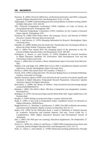 Neuman, R. (2005) Doctoral differences: professional doctorates and PhDs compared,
Journal of Higher Education Policy and Management, 27(2): 173–88.
Nightingale, P. (1988) Understanding processes and problems in student writing, Studies
in Higher Education, 13(3): 263–83.
NPC (National Postgraduate Committee) (1992) Guidelines on Codes of Practice for
Post-graduate Research. Nottingham: NPC.
NPC (National Postgraduate Committee) (1995) Guidelines for the Conduct of Research
Degree Appeals. Nottingham: NPC.
Nystrand, M. (1982) What Writers Know: The Language, Process, and Structure of Written
Discourse. London: Harcourt Brace Jovanovich.
Orna, E. and Stevens, G. (1995) Managing Information for Research. Buckingham: Open
University Press.
Palumbo, D. (2000) Writing from the Inside Out: Transforming Your Psychological Blocks to
Release the Writer Within. Chichester: John Wiley.
Park, C. (2005) New variant PhD: the changing nature of the doctorate in the UK,
Journal of Higher Education Policy and Management, 27(2): 189–207.
Partington, J., Brown, G. and Gordon, G. (1993) Handbook for External Examiners
in Higher Education. Sheffield: UK Universities’ Staff Development Unit and the
Universities of Kent and Leeds.
Pearce, L. (2005) How to Examine a Thesis. Maidenhead: Open University Press-McGraw-
Hill.
Phillips, E.M. and Pugh, D.S. (2000) How to Get a PhD: A Handbook for Students and their
Supervisors, 3rd edn. Buckingham: Open University Press.
Plomin, J. (2001) Way ahead clear? The Guardian, 13 March: 1.
Powell, W.W. (1985) Getting Into Print: The Decision Making Process in Scholarly Publishing.
London: University of Chicago.
Quality Assurance Agency (1999) Code of Practice for the Assurance of Academic Quality and
Standards in Higher Education: Postgraduate Research Programmes. Gloucester: Quality
Assurance Agency for Higher Education.
Reif-Lehrer, L. (2000) The Beauty of Outlines. http://nextwave-uk.sciencemag.org/cgi/
content/full/2000/06/07/2.
Rekulak, J. (2001) The Writer’s Block: 786 Ideas to Jump-Start your Imagination. London:
Running Press.
Rodrigues, D. (1997) The Research Paper and the World Wide Web. Upper Saddle River, NJ:
Prentice-Hall.
Rozakis, L. (1999) Writing Great Research Papers. London: McGraw-Hill.
Rudd, E. (1985) A New Look at Postgraduate Failure. Guildford: Society for Research in
Higher Education, NFER/Nelson.
Ruggeri-Stevens, G., Bareham, J. and Bourner, T. (2001) The DBA in British universities:
assessment and standards, Quality Assurance in Education, 9(2): 61–71.
Sadler, D.R. (1990) Up the Publication Road: A Guide to Publishing in Scholarly Journals
for Academics, Researchers and Graduate Students, 2nd edn., Green Guide No. 2.
Campbelltown, NSW: Higher Education Research and Development Society of
Australasia.
Sale, J. (2001) The PhD gave me cunning, Education Supplement, The Independent, 27
September: 9.
Sarros, J.C., Willis, R.J., Fisher, R. and Storen, A. (2005) DBA examination procedures and
protocols, Journal of Higher Education Policy and Management, 27(2): 151–72.
Seijts, G., Taylor, L. and Latham, G. (1998) Enhancing teaching performance through
296 BIBLIOGRAPHY
 