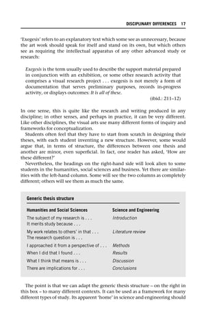 ‘Exegesis’ refers to an explanatory text which some see as unnecessary, because
the art work should speak for itself and stand on its own, but which others
see as requiring the intellectual apparatus of any other advanced study or
research:
Exegesis is the term usually used to describe the support material prepared
in conjunction with an exhibition, or some other research activity that
comprises a visual research project . . . exegesis is not merely a form of
documentation that serves preliminary purposes, records in-progress
activity, or displays outcomes: It is all of these.
(ibid.: 211–12)
In one sense, this is quite like the research and writing produced in any
discipline; in other senses, and perhaps in practice, it can be very different.
Like other disciplines, the visual arts use many different forms of inquiry and
frameworks for conceptualization.
Students often feel that they have to start from scratch in designing their
theses, with each student inventing a new structure. However, some would
argue that, in terms of structure, the differences between one thesis and
another are minor, even superficial. In fact, one reader has asked, ‘How are
these different?’
Nevertheless, the headings on the right-hand side will look alien to some
students in the humanities, social sciences and business. Yet there are similar-
ities with the left-hand column. Some will see the two columns as completely
different; others will see them as much the same.
The point is that we can adapt the generic thesis structure – on the right in
this box – to many different contexts. It can be used as a framework for many
different types of study. Its apparent ‘home’ in science and engineering should
Generic thesis structure
Humanities and Social Sciences Science and Engineering
The subject of my research is . . . Introduction
It merits study because . . .
My work relates to others’ in that . . . Literature review
The research question is . . .
I approached it from a perspective of . . . Methods
When I did that I found . . . Results
What I think that means is . . . Discussion
There are implications for . . . Conclusions
DISCIPLINARY DIFFERENCES 17
 